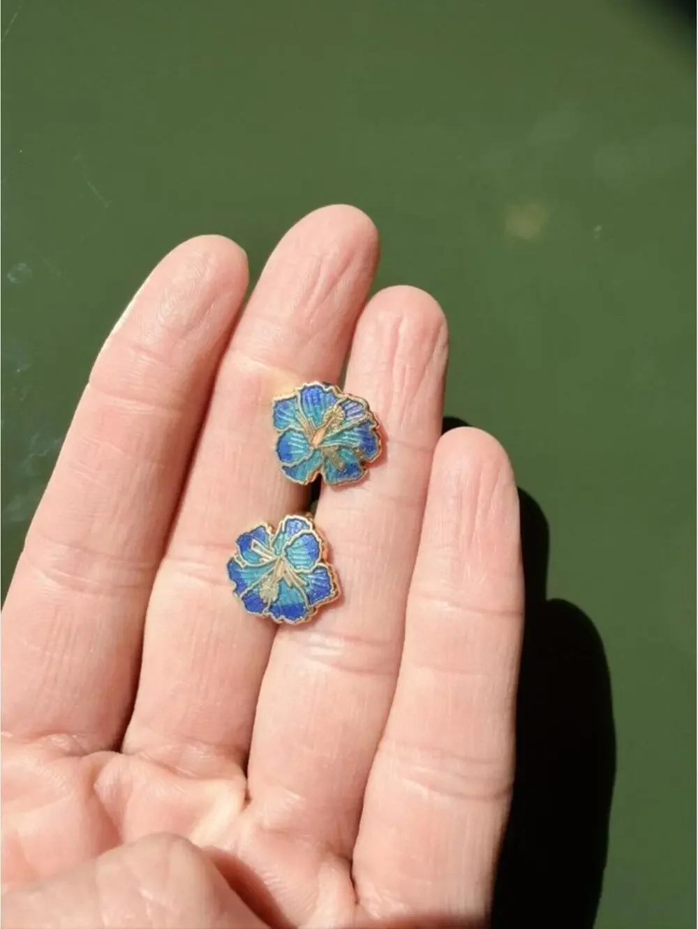 Vintage Blue Cloisonné Flower Clip Earrings